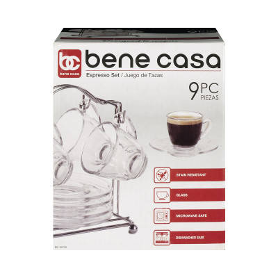 Set de 4 tazas de vidrio con rack MARCA BENE CASA Set de 4 tazas de vidrio con rack MARCA BENE CASA